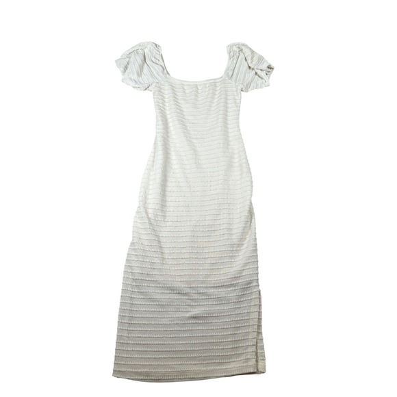 White Form Fitting Bodycon Textured Puff Sleeve Square Neck Midi Dress Side Slit - Picture 7 of 8